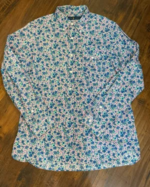 Ralph Lauren ditsy floral Pink Blue button-down shirt Size Large 100% Cotton thumbnail 1