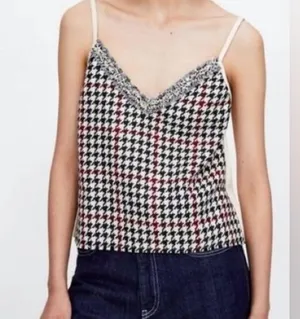 Zara Black and White Houndstooth Camisole with Red Accents. Never worn thumbnail 1