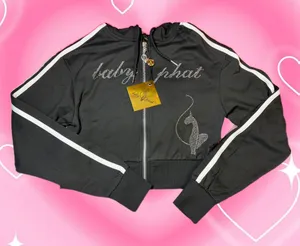 NWT Black Baby Phat Rhinestone Hooded Cropped Zipper Sweater thumbnail 1