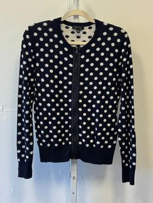 Ann Taylor Navy White Polka Dot Zip Front Cardigan Sweater Cashmere Blend Medium thumbnail 1