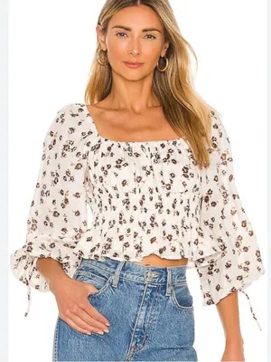 Faithfull The Brand NWTs Smocked Floral Crop Top Cream Chocolate Brown size 4 thumbnail 1
