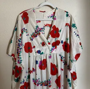 Vintage 70s Floral Kaftan MuuMuu Empire Waist Sz Medium‎ Red White thumbnail 1