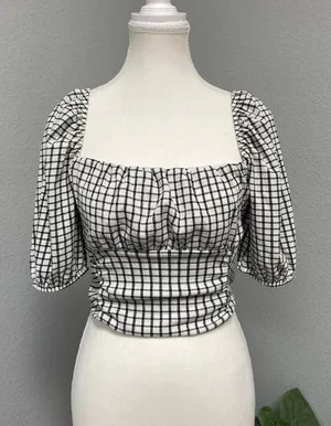 Bershka Plaid Gingham Crop Smocked Milkmaid Top Cottagecore Boho Peasant thumbnail 1