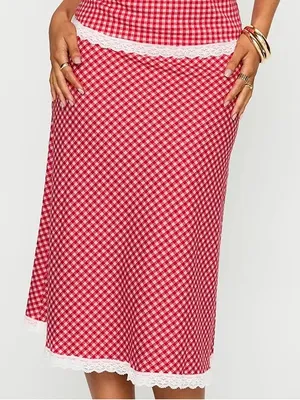 Princess Polly red and white red check gingham boho lace midi skirt size US 10 thumbnail 1