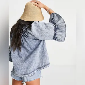 Free People Ainsley Denim Top in Indigo Wash Size Large thumbnail 6