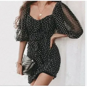 ZARA Polka Dot Ruched Mini Dress M Black‎ thumbnail 2