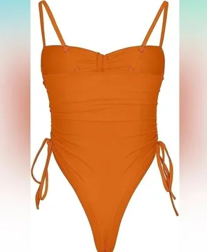 Haloon Womens Ruched Spaghetti Strap Cutout High Leg One Piece Swimsuit Swimwear thumbnail 3