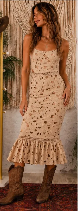 Just Me Beige Crochet Star-Pattern Midi Dress with Ruffle Hem thumbnail 1
