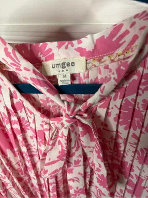 Umgee Pink White Floral Pleated Tie Neck Blouse Top Medium thumbnail 2