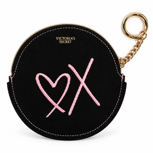 Victoria's Secret Coin Purse Keychain Black Canvas Pink Heart Zip Pouch Round thumbnail 1