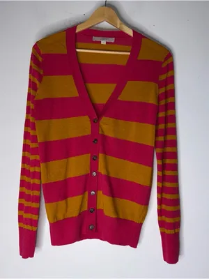 LOFT Women's Pink/Yellow Striped Long Sleeve Cardigan Sweater‎ Size S thumbnail 1