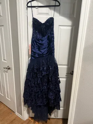 Navy Blue Strapless Sweetheart Mermaid Pleated Layered Long Prom Dress With Slit thumbnail 4