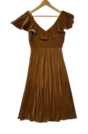 Line Dot Brown Velvet Ruffle Midi‎ Dress Winter Feminine Cocktail Holiday S thumbnail 1