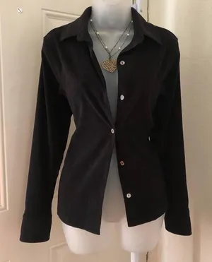Vintage Fitted Faux Suede Button Up Down Shirt Top Blouse Shacket Black Long Sleeve Dark Academia Preppy #Goth #Emo #Whimsygoth Y2K 2000s Size M - Measurement in pics thumbnail 1