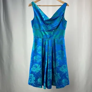 THEIA Floral Jacquard Sleeveless Pleated Dress‎ in Blue Green Size 8 thumbnail 6