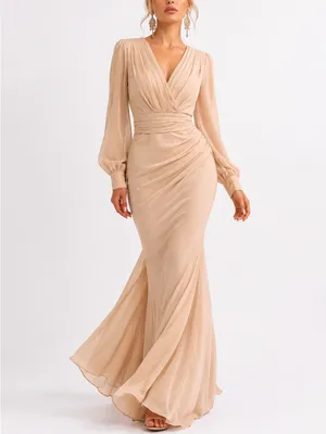 Faeriesty Champagne Ruched V Neck Long Sleeve Mermaid Formal Gown Size XL thumbnail 4