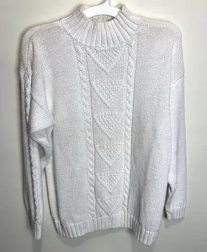 Vintage 90s Womens Large Mock Neck Cable Knit Sweater Ivory Fisherman Classic thumbnail 1