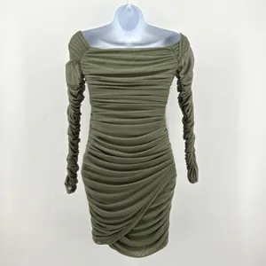 Selfie Leslie Ruched Off Shoulder Mini Dress S Olive Green Long‎ Sleeve Bodycon thumbnail 6