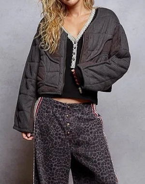 ✨NWT- POL Quilted Waffle Knit Textured Full Zip Bomber Jacket size Large thumbnail 1