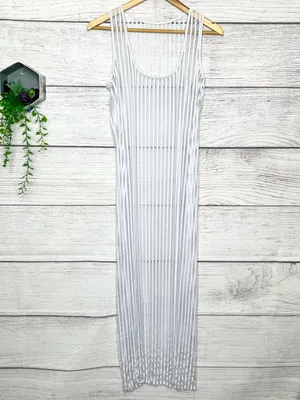 Sheer White Stripe Scoop Neck Sleeveless High Slit Maxi Dress Swim Cover Small thumbnail 7