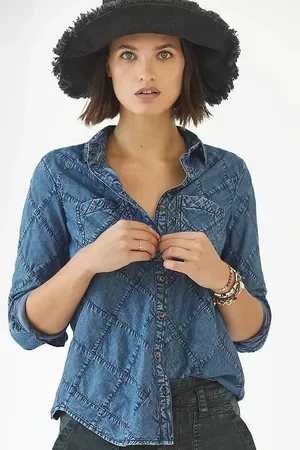XS Shirt Top Pilcro by Anthropologie Quilted Patchwork Denim Button down jean thumbnail 1