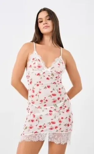 Women's Sz Medium Lace Edge Floral Print Slip Dress White Pink V-Neck Sheer Mini thumbnail 1