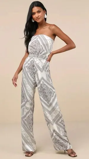Lulu’s Western Direction Ivory Scarf Print Satin Strapless Jumpsuit size L thumbnail 1