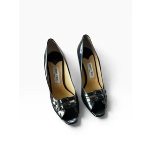 Jimmy Choo Peep Toe Pumps 39.5 Black Patent Leather Double Buckle Stiletto thumbnail 2