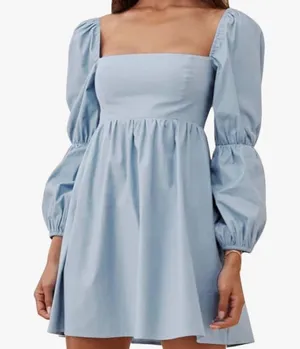 Exlura Womens Square Neck Dress Long Puff Sleeve A-Line Casual Short Mini Dress thumbnail 4