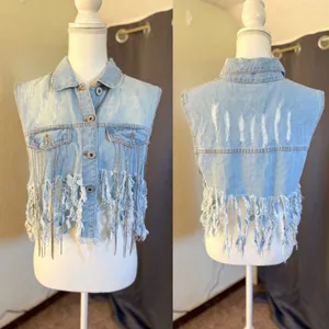 Spoon Jeans Denim Vest Women XL Blue Distressed Rhinestone Fringe Western Crop thumbnail 2