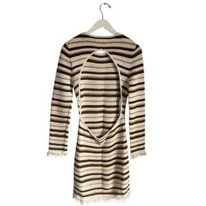 Reformation Pesca Crochet Dress Striped Brown Cream Cutout Fringe size M Boho thumbnail 3