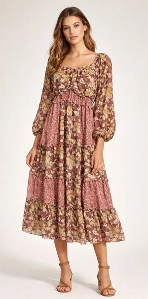 &merci Womens Mixed Floral Tiered Smocked Midi Dress Mauve‎ Rose Mustard Small thumbnail 1