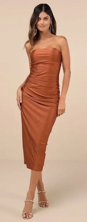 Lulus Gorgeous Reputation Copper Brown Strapless Ruched Midi Dress - Size XL thumbnail 1