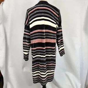 Olive + Oak Chenille Longline Cardigan Womens Medium Striped Grey Pink Cream thumbnail 5