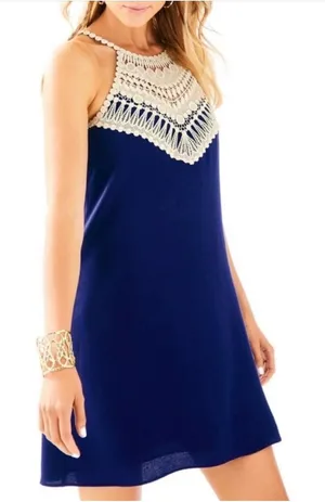 Lilly Pulitzer Pearl Soft Shift Dress Size 6 Navy Gold Metallic Classic Preppy thumbnail 1