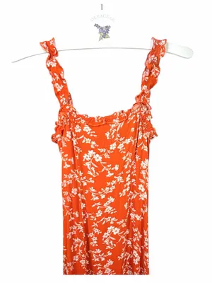 LULUS Women’s Garden Date Red Orange Floral Print Ruffle Midi Dress size XXS thumbnail 8