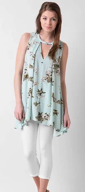 Free People Tree Swing Sleeveless Floral Mint Boho Flowy Tunic Tank Top Small thumbnail 1