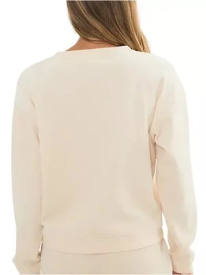 Marine Layer New Women's Top Small Rib Velour Corduroy V Neck Sweatshirt Cream thumbnail 4