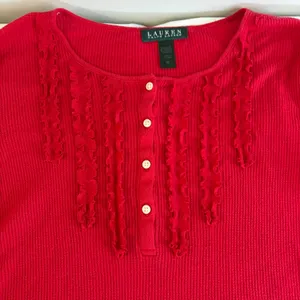 Lauren Ralph Lauren Red Thermal Waffle Knit Ruffle Henley Top Womens Size Medium thumbnail 3
