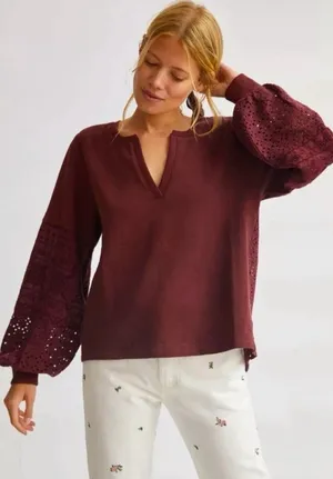 Anthropologie Plum Eyelet Yoke V Neck Pullover Sweatshirt Women's Size L Cotton thumbnail 1