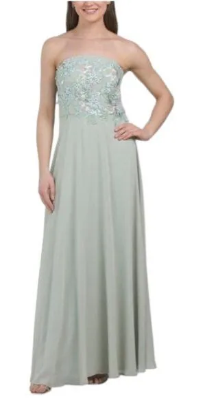 NWT XL Oleg Cassini Sage Blossom Gown Women’s Strapless Embroidered Bodice Maxi Dress thumbnail 1