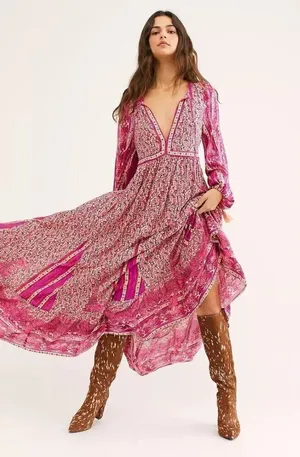 NWT Free People Happy Feelings Maxi in Peach Pink Floral Print Dress XS $168 thumbnail 1