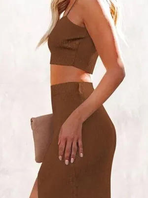 Women’s Two Piece Set Brown Dress Cami Top High Side Slit Bodycon Long S… thumbnail 1