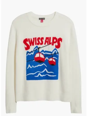 Vince Camuto Cream Crewneck Sweater with Blue & Red Swiss Alps Graphic thumbnail 2