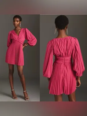 Aureta x Anthropologie Pleated Mini Dress‎ Magenta Pink V-Neck Balloon Sleeve M thumbnail 2
