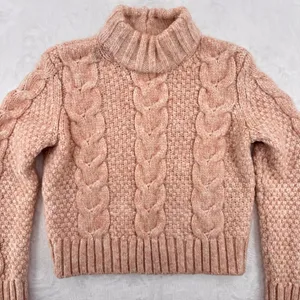 AEO Cropped Cable Knit Sweater Beige Peach American Eagle Mock Neck Wool Blend S thumbnail 2