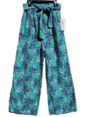 Midnight Sky -175‎ Blue Green Floral Linen Blend Tie Waist Wide Leg Pants Size S thumbnail 1