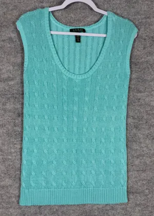 Lauren Ralph Lauren Size-M Top Sweater Vest Aqua Turquoise Cable Knit Scoop Neck thumbnail 1