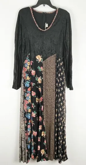LEW MAGRAM Black Velour Long Sleeves Mixed Prints Maxi Dress Medium Boho Casual thumbnail 1
