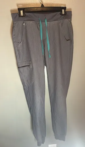 FIGS Zamora Jogger Scrub Pants Heather Charcoal Gray Womens Size‎ ST Teal String thumbnail 1